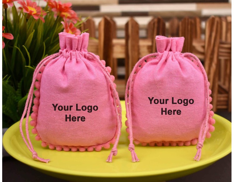 Pink Designer Cotton Drawstring Pouch, Cotton Jewellery Package, Custom Wedding Favor Bag