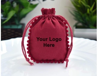 Designer Pom Pom Red Custom Logo Jewelry Pouch, Wedding Favor Bag, Cotton Drawstring Bag