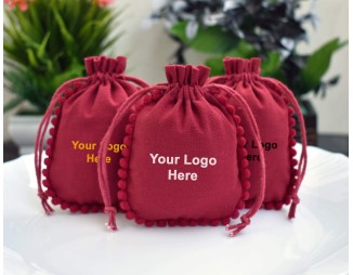 Designer Pom Pom Red Custom Logo Jewelry Pouch, Wedding Favor Bag, Cotton Drawstring Bag