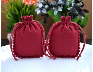 Designer Pom Pom Red Custom Logo Jewelry Pouch, Wedding Favor Bag, Cotton Drawstring Bag