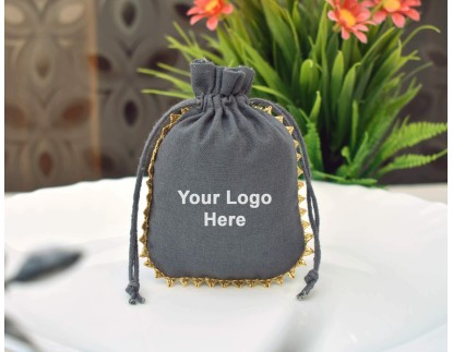 Designer Grey Custom Logo Jewelry Pouch, Favor Bag, Cotton Drawstring Pouch