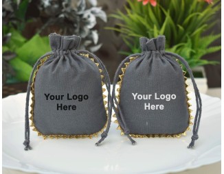 Designer Grey Custom Logo Jewelry Pouch, Favor Bag, Cotton Drawstring Pouch