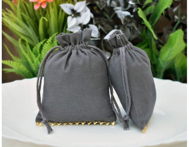 Grey Cotton Drawstring Pouch, Cotton Jewelry Package, Custom Wedding Favor Bag