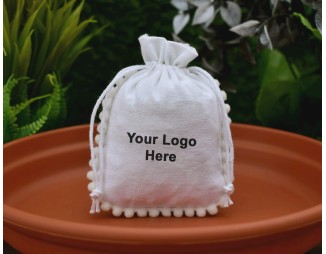 Designer White Custom Drawstring Pouch, Cotton Jewelry Package, Wedding Favor Bag, Gift Packaging