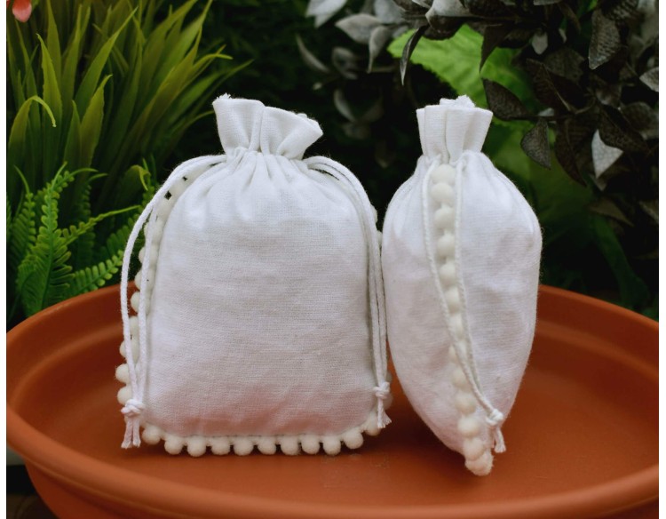 Designer White Custom Drawstring Pouch, Cotton Jewelry Package, Wedding Favor Bag, Gift Packaging