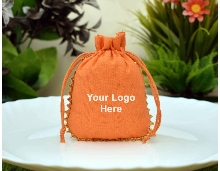 Orange Custom Logo Jewellery Pouch, Wedding Favor Bag, Cotton Drawstring Pouch