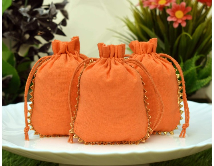 Orange Custom Logo Jewellery Pouch, Wedding Favor Bag, Cotton Drawstring Pouch