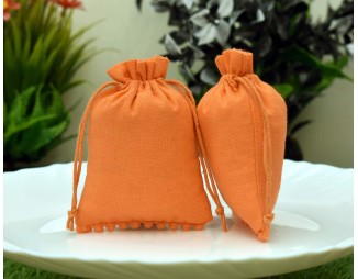 Designer Orange Custom Drawstring Pouch, Cotton Jewelry Package, Wedding Favor Bag