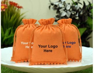 Designer Orange Custom Drawstring Pouch, Cotton Jewelry Package, Wedding Favor Bag