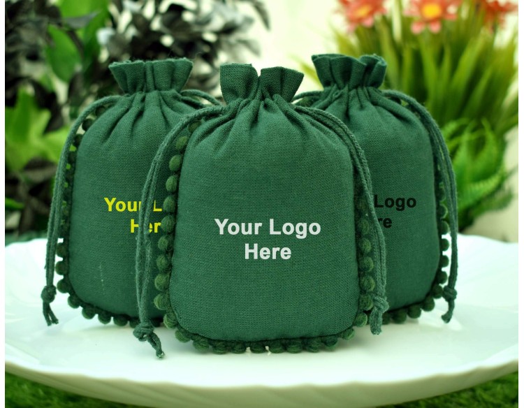 Green Custom Jewelry Pouch With Logo Wedding Favor Bag Cotton Drawstring pouch