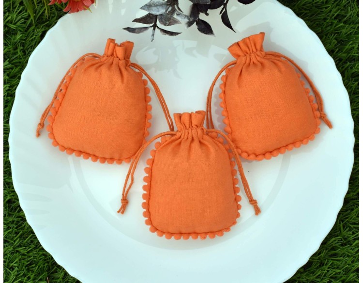 Designer Orange Cotton Drawstring Pouch, Custom Jewelry Package, Wedding Favor Bag