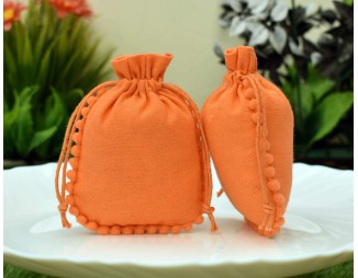 Designer Orange Cotton Drawstring Pouch, Custom Jewelry Package, Wedding Favor Bag