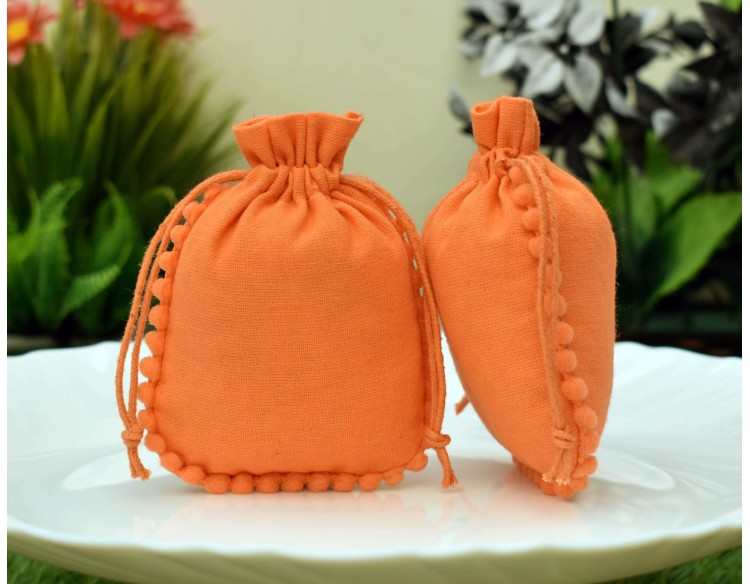 Designer Orange Cotton Drawstring Pouch, Custom Jewelry Package, Wedding Favor Bag