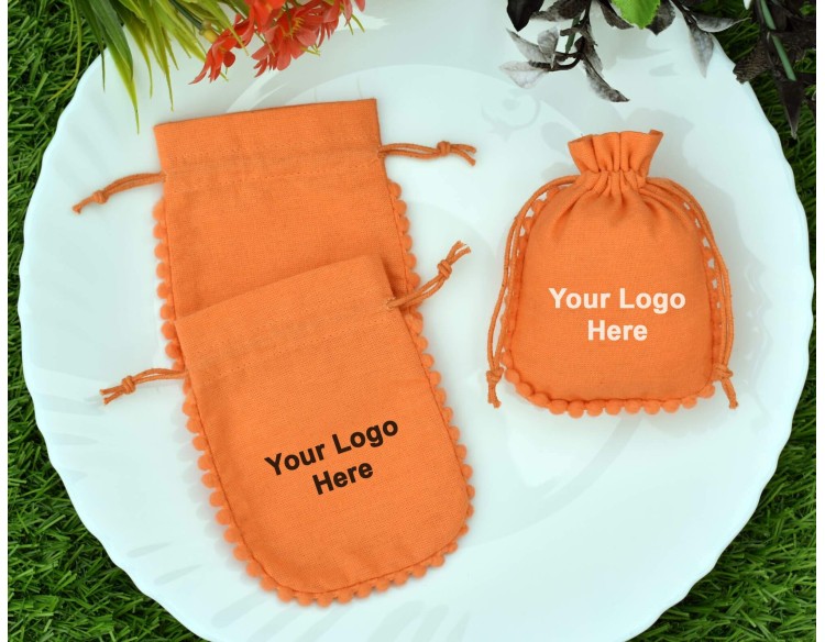 Designer Orange Cotton Drawstring Pouch, Custom Jewelry Package, Wedding Favor Bag