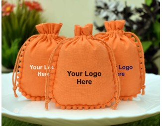 Designer Orange Cotton Drawstring Pouch, Custom Jewelry Package, Wedding Favor Bag