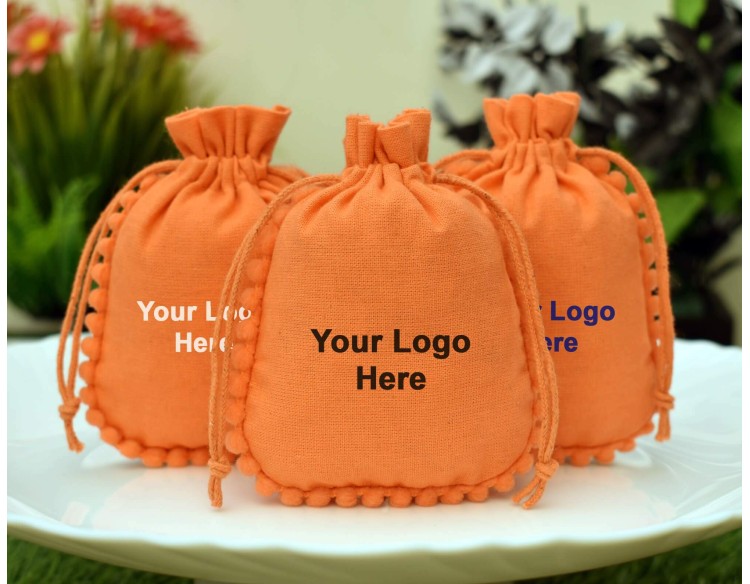 Designer Orange Cotton Drawstring Pouch, Custom Jewelry Package, Wedding Favor Bag