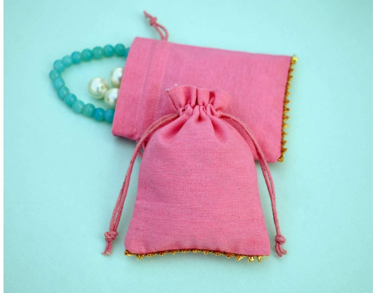 Pink Custom Logo Jewelry Pouch, Wedding Favor Bag, Cotton Drawstring Pouch