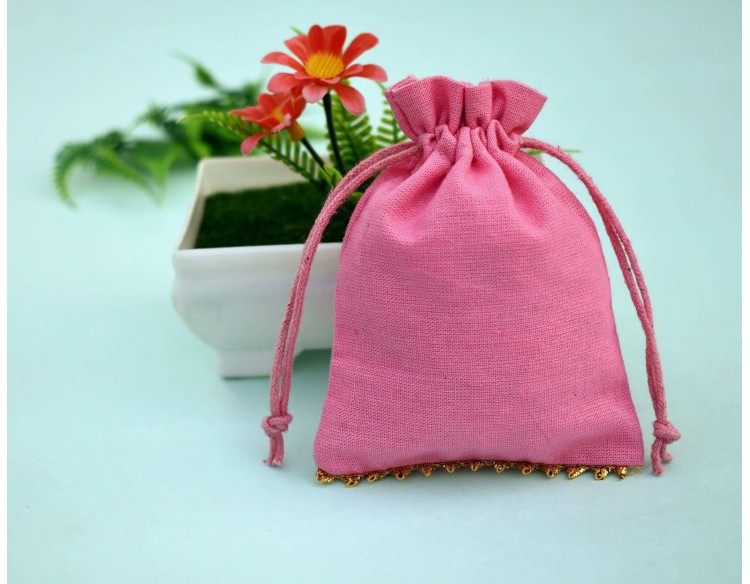 Pink Custom Logo Jewelry Pouch, Wedding Favor Bag, Cotton Drawstring Pouch