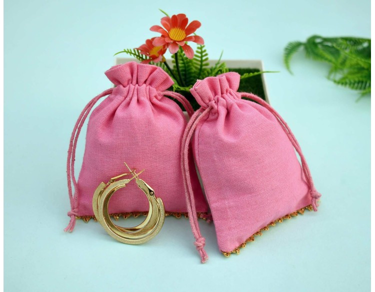 Pink Custom Logo Jewelry Pouch, Wedding Favor Bag, Cotton Drawstring Pouch