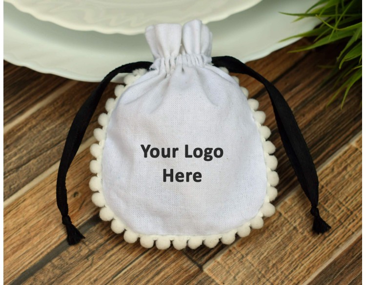 Designer White Custom  Jewelry Packaging, Drawstring Pouch, Wedding Favor Bag