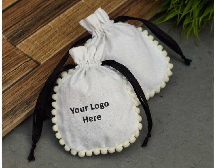 Designer White Custom  Jewelry Packaging, Drawstring Pouch, Wedding Favor Bag