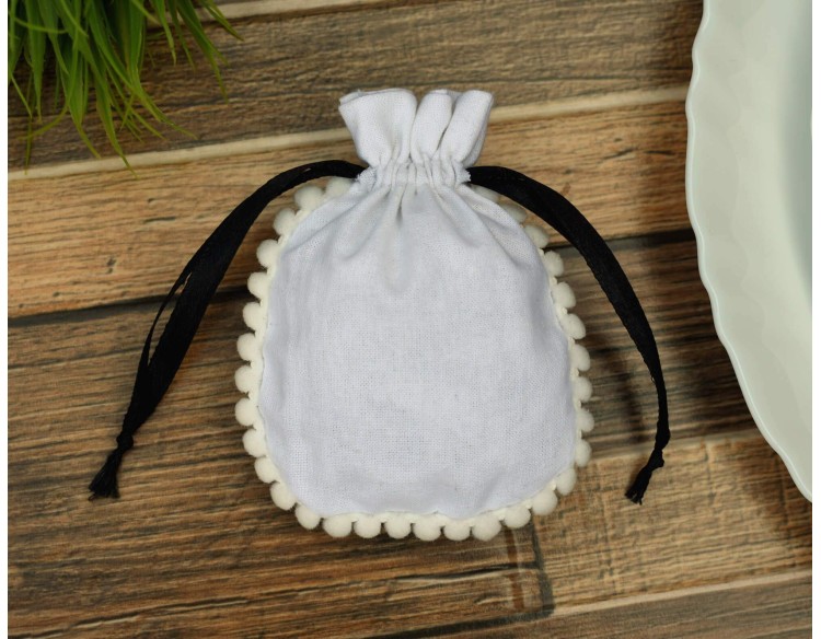 Designer White Custom  Jewelry Packaging, Drawstring Pouch, Wedding Favor Bag