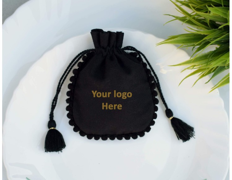 Designer Black Cotton Drawstring Pouch, Custom Jewelry Package, Wedding Favor Bag