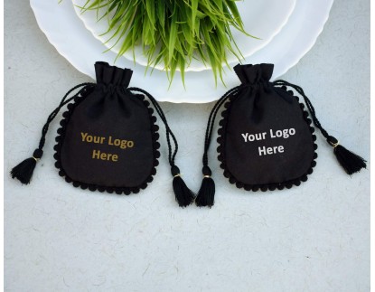 Designer Black Cotton Drawstring Pouch, Custom Jewelry Package, Wedding Favor Bag