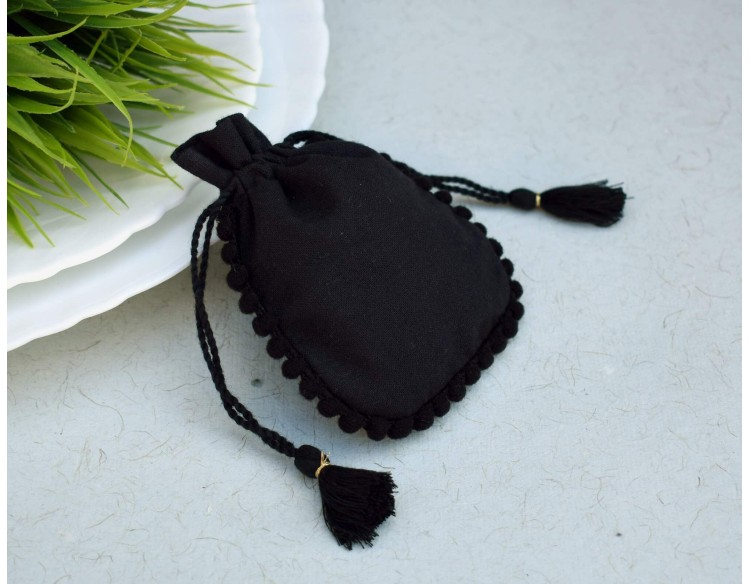 Designer Black Cotton Drawstring Pouch, Custom Jewelry Package, Wedding Favor Bag