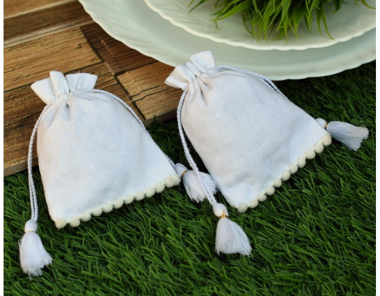 White Organic Cotton Wedding Favor Bags Jewelry Packaging Personalized Drawstring Pouches