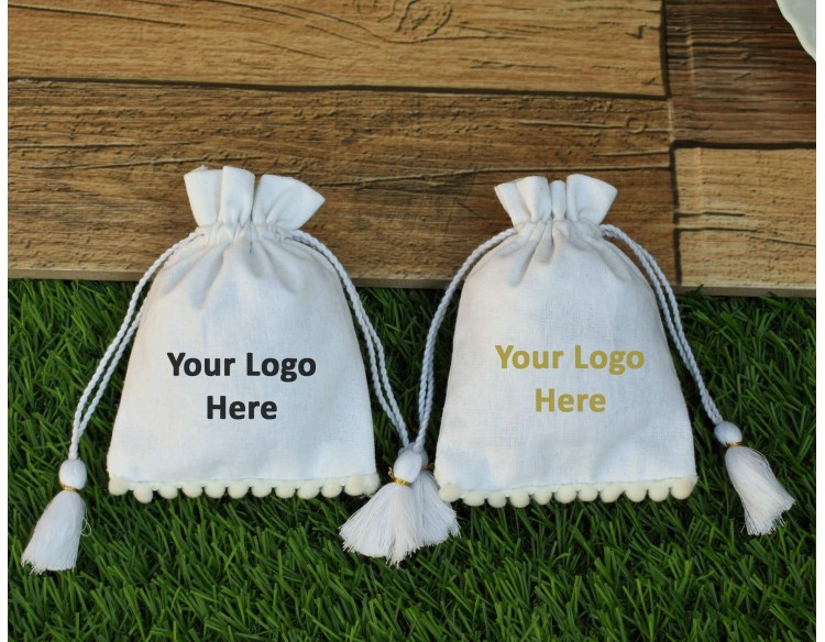 White Organic Cotton Wedding Favor Bags Jewelry Packaging Personalized Drawstring Pouches