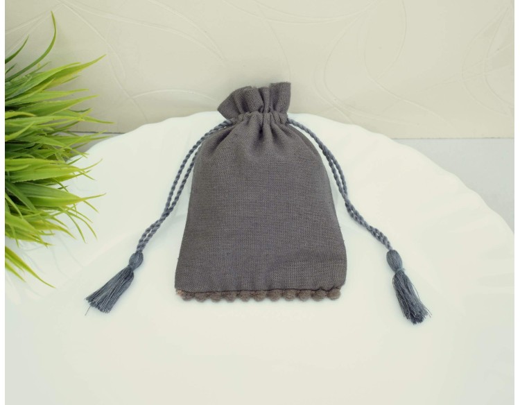 Designer Tassel Drawstring Pouch, Eco-Friendly Grey Cotton Bags With Drawstring For Jewelry Packaging