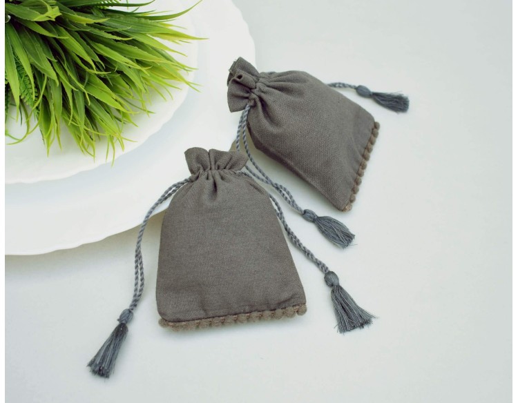 Designer Tassel Drawstring Pouch, Eco-Friendly Grey Cotton Bags With Drawstring For Jewelry Packaging