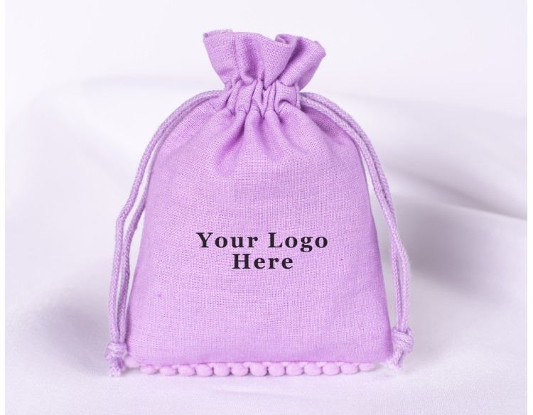  100 Purple Bottom PomPom Cotton Drawstring Pouches For Jewelry Packaging With Brand Logo Print 