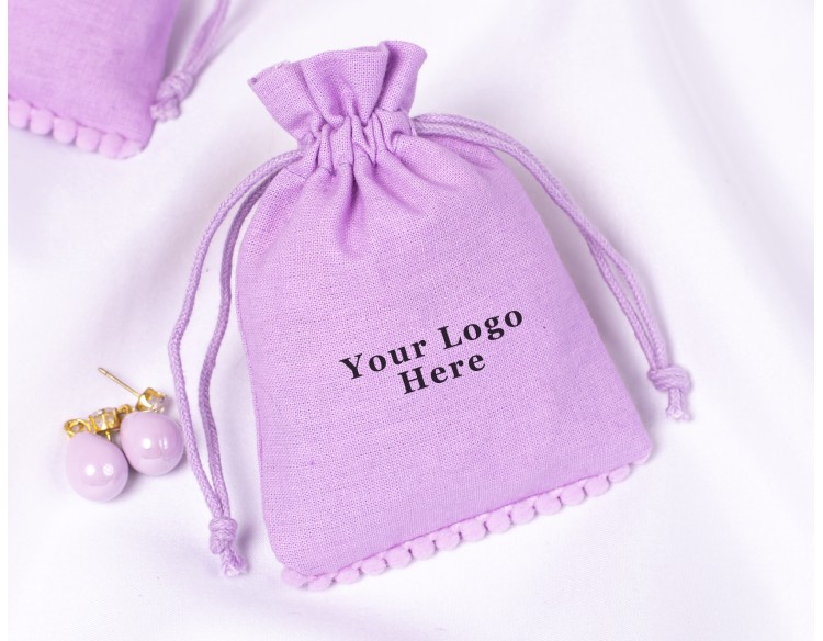  100 Purple Bottom PomPom Cotton Drawstring Pouches For Jewelry Packaging With Brand Logo Print 