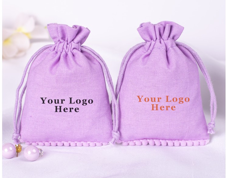  100 Purple Bottom PomPom Cotton Drawstring Pouches For Jewelry Packaging With Brand Logo Print 