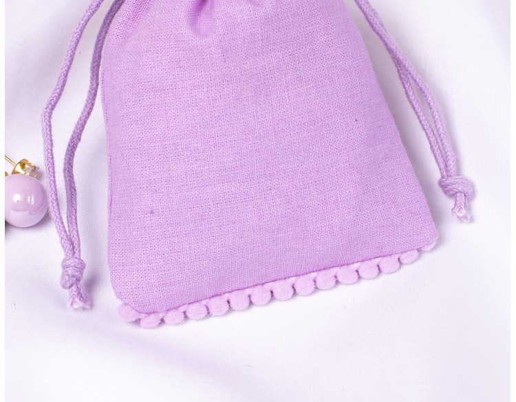  100 Purple Bottom PomPom Cotton Drawstring Pouches For Jewelry Packaging With Brand Logo Print 