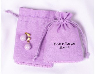  100 Purple Bottom PomPom Cotton Drawstring Pouches For Jewelry Packaging With Brand Logo Print 