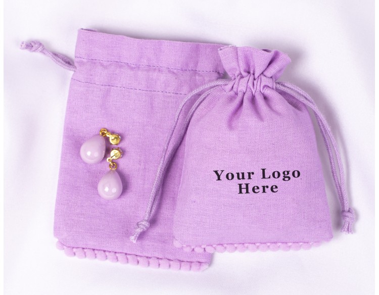  100 Purple Bottom PomPom Cotton Drawstring Pouches For Jewelry Packaging With Brand Logo Print 