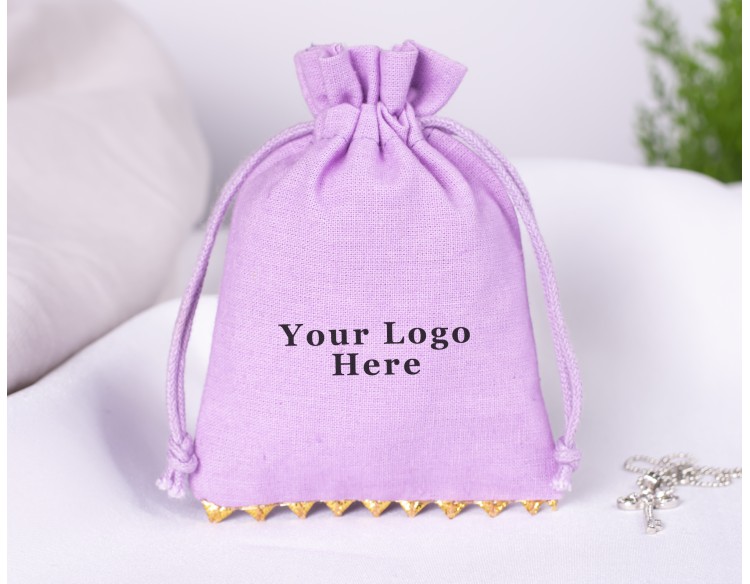  100 Purple Bottom Lace Cotton Drawstring Pouches For Jewelry Packaging With Brand Logo Print 