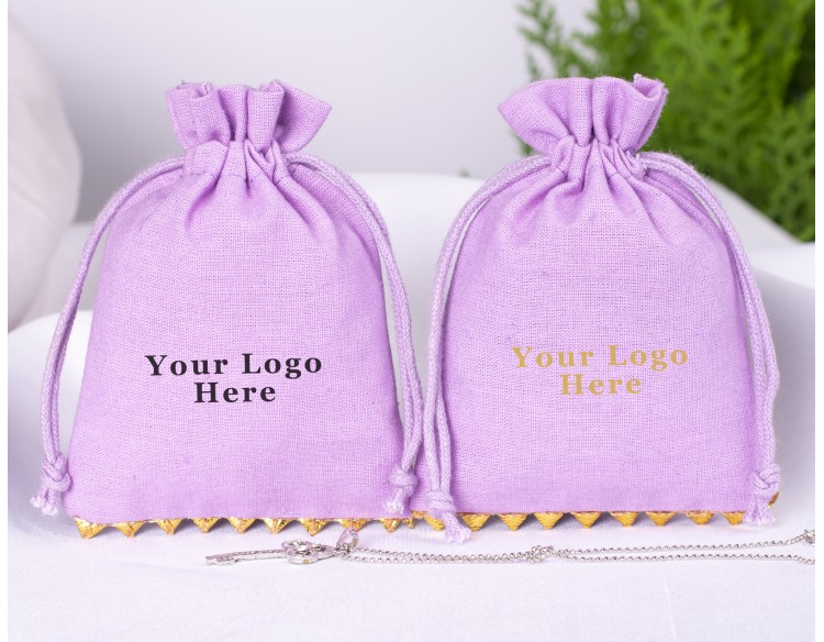  100 Purple Bottom Lace Cotton Drawstring Pouches For Jewelry Packaging With Brand Logo Print 