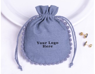 100 Bluish Gray Cotton Drawstring Pouches For Jewelry Packaging With Brand Logo Print, Designer Borders