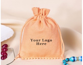  100 Light Orange Bottom PomPom Cotton Drawstring Pouches For Jewelry Packaging With Brand Logo Print 