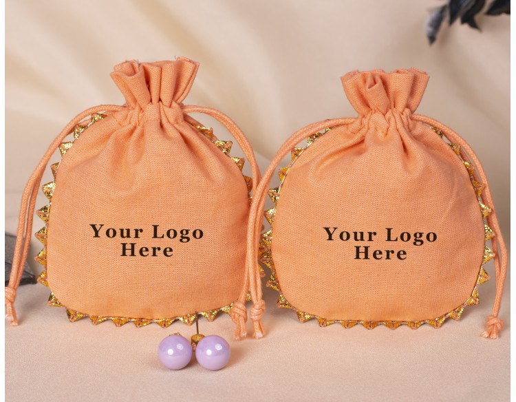 100 Designer Light Orange Round Lace Cotton Drawstring Pouches For Jewelry Packaging With Brand Logo Print 