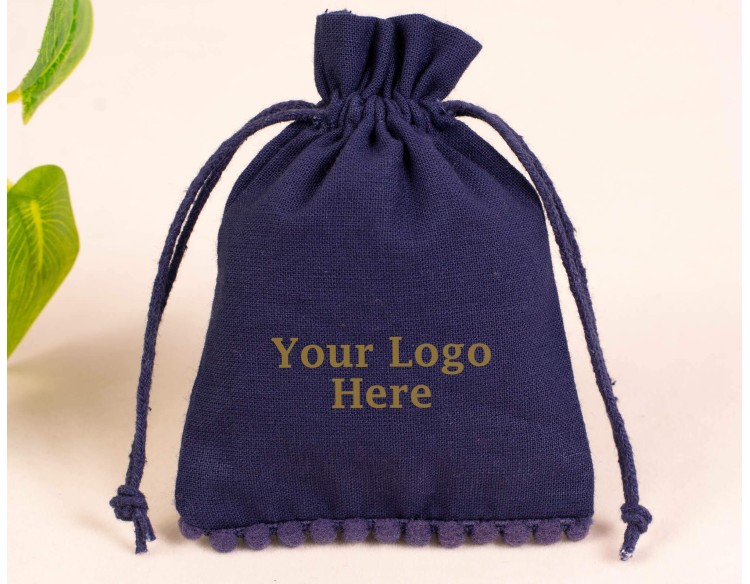 100 Blue Custom Logo Jewelry Pouch, Wedding Favor Bag, Cotton Drawstring Pouch