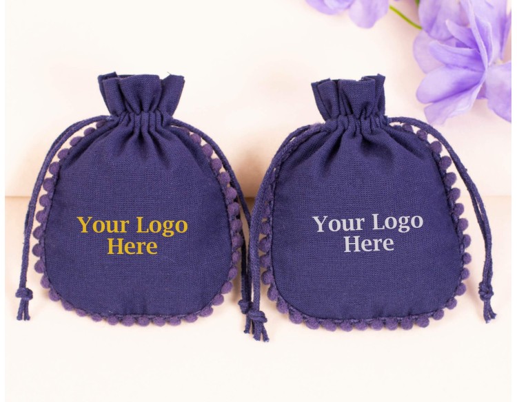 100 Blue Cotton Drawstring Pouches For Jewelry Packaging With Brand Logo Print, Designer Borders