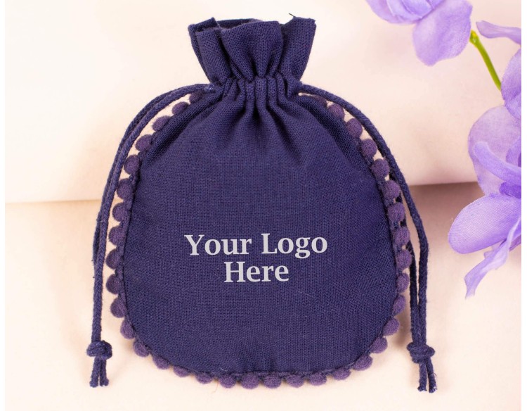 100 Blue Cotton Drawstring Pouches For Jewelry Packaging With Brand Logo Print, Designer Borders