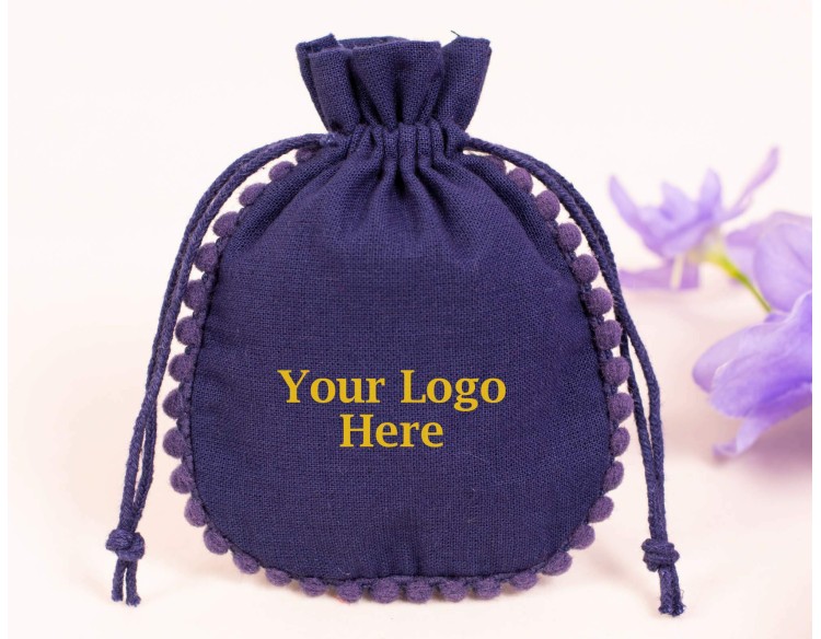 100 Blue Cotton Drawstring Pouches For Jewelry Packaging With Brand Logo Print, Designer Borders