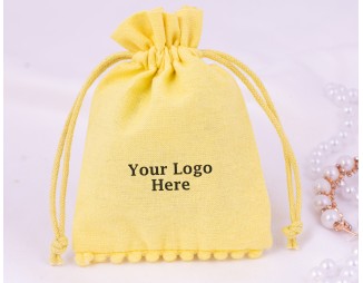  100 Yellow Bottom PomPom Cotton Drawstring Pouches For Jewelry Packaging With Brand Logo Print 