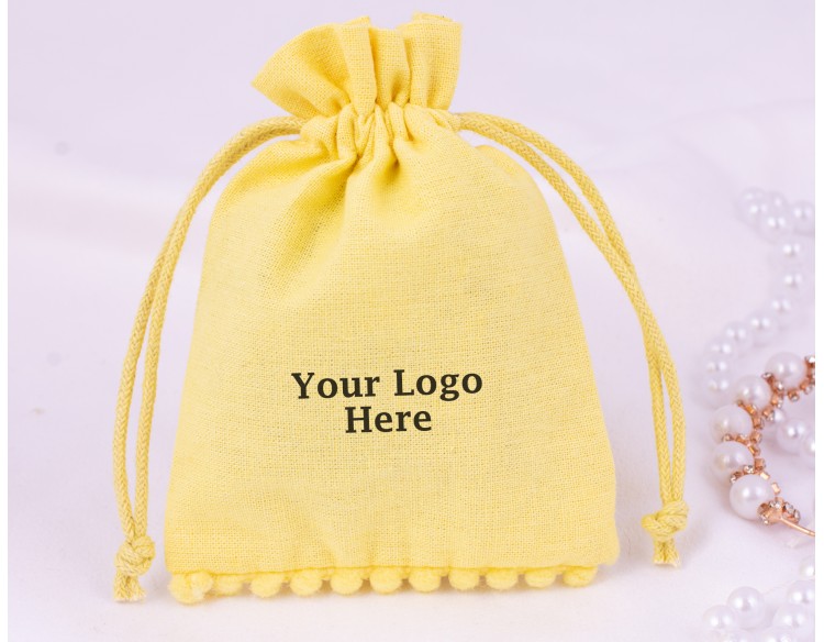  100 Yellow Bottom PomPom Cotton Drawstring Pouches For Jewelry Packaging With Brand Logo Print 